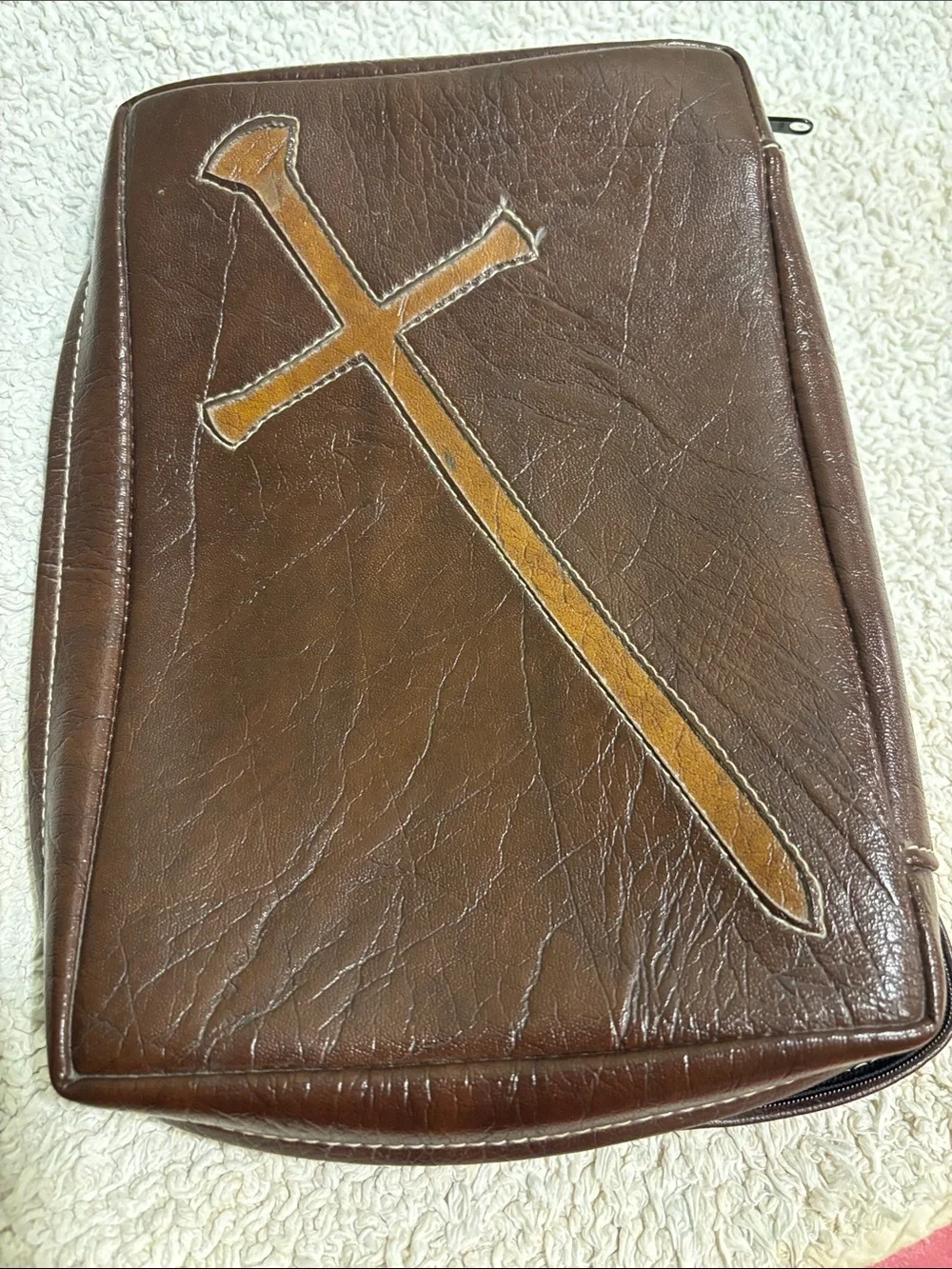 Vintage faux leather zippered Bible cover case with  raw nail cross design